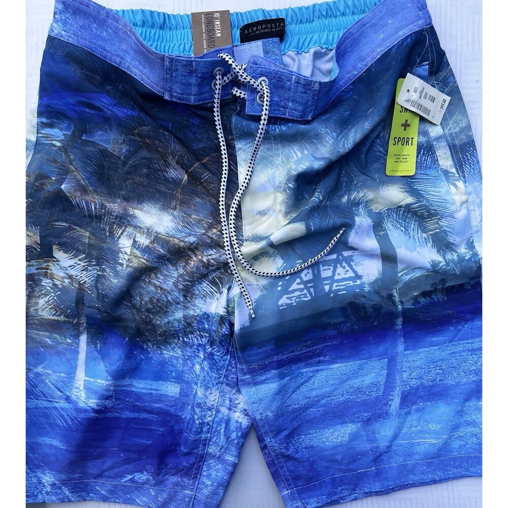 Aeropostale Men’s Medium Blue Tropical Longboard Swim Trunks Board Shorts NWT